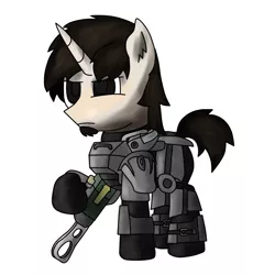 Size: 1000x1000 | Tagged: safe, artist:crtical hit, derpibooru import, oc, oc:critical hit, unofficial characters only, pony, unicorn, fallout equestria, fanfic, armor, beard, crossover, energy weapon, facial hair, fallout, fanfic art, gun, hooves, horn, laser rifle, magical energy weapon, male, power armor, powered exoskeleton, simple background, solo, stallion, t-45d, weapon, white background
