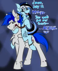 Size: 2723x3348 | Tagged: safe, artist:lining1306, artist:ralek, color edit, derpibooru import, edit, oc, oc:aura star, oc:turquoise, unofficial characters only, pegasus, pony, ..., bit, bridle, chest fluff, colored, ear piercing, female, fluffy, glare, gritted teeth, horse riding a horse, male, mare, neigh, open mouth, piercing, piggyback ride, ponies riding ponies, pony play, sigh, smiling, spurs, stallion, tack, text, unamused