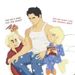 Size: 1800x1800 | Tagged: applejack truck, artist:tex, book, brother and sister, clothes, comic book, derpibooru import, father and daughter, father and son, female, harry potter, human, male, oc, oc:cinnamon cider, oc:tex, oc:utah, offspring, pajamas, parent:applejack, parent:oc:tex, parents:canon x oc, safe, satyr, superman, unofficial characters only