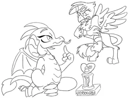 Size: 1009x792 | Tagged: safe, artist:lockhe4rt, derpibooru import, gilda, princess ember, dragon, gryphon, angry, middle finger, sketch, trophy, tsundere