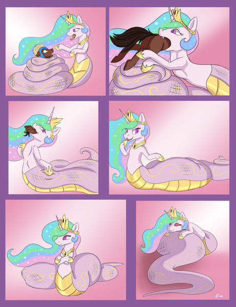 Size: 1507x1962 | Tagged: grimdark, questionable, artist:swiftsketchpone, derpibooru import, princess celestia, lamia, original species, saddle arabian, comic, fetish, licking, licking lips, open mouth, princess vorestia, sleeping, soft vore, struggling, swallowing, throat bulge, tongue out, vore