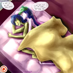 Size: 1000x1000 | Tagged: suggestive, artist:manic-the-lad, derpibooru import, princess celestia, oc, oc:rally flag, equestria girls, bed, bedsheets, blushing, canon x oc, cuddling, female, groovy midnight show, implied sex, male, patreon, patreon logo, principal and student, principal celestia, rallylestia, scar, shipping, spooning, straight