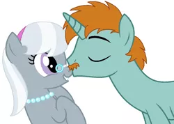 Size: 1106x786 | Tagged: safe, artist:iceagelover, derpibooru import, silver spoon, snips, earth pony, pony, unicorn, duo, female, male, mare, moustache, nose kiss, older, older silver spoon, older snips, pince-nez, shipping, silversnips, simple background, stallion, white background
