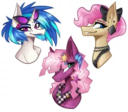 Size: 1024x893 | Tagged: safe, artist:chromelight, derpibooru import, cheerilee, mayor mare, vinyl scratch, 80s, 80s cheerilee, ear piercing, earring, eyeshadow, jewelry, makeup, non-dyed mayor, piercing, pink hair, portrait, simple background, tongue out, tongue piercing, trio, younger