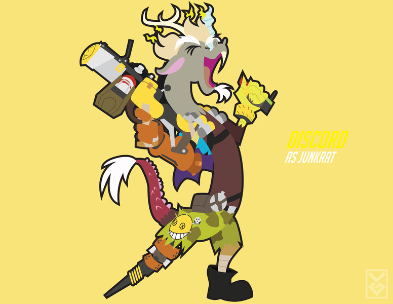 Size: 3300x2550 | Tagged: amputee, artist:inspectornills, clothes, crossover, cyborg, derpibooru import, discord, junkrat, overwatch, peg leg, prosthetic leg, prosthetic limb, prosthetics, safe, smiling, solo