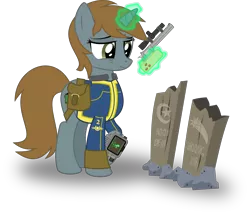 Size: 3515x3000 | Tagged: safe, artist:ruinedomega, derpibooru import, oc, oc:littlepip, unofficial characters only, pony, unicorn, fallout equestria, fanfic, .44 revolver, alternate design, cutie mark, fallout, fanfic art, female, glowing horn, grave, gravestone, gun, handgun, hooves, horn, inkscape, levitation, little macintosh, magic, mare, optical sight, pipbuck, pistol, ponyscape, revolver, sad, saddle bag, simple background, solo, telekinesis, transparent background, vault suit, vector, weapon