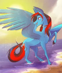 Size: 3500x4090 | Tagged: safe, artist:probablyfakeblonde, derpibooru import, oc, oc:andrew swiftwing, unofficial characters only, pegasus, pony, beach, cloud, cutie mark, looking away, male, mane down, sand, smiling, stallion, sun, water, wet, wet mane