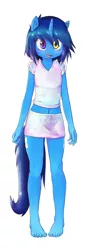 Size: 670x1800 | Tagged: safe, artist:apony, derpibooru import, oc, oc:win, unofficial characters only, anthro, plantigrade anthro, unicorn, barefoot, belly button, bipedal, clothes, cute, feet, heterochromia, legs, midriff, miniskirt, ocbetes, shirt, simple background, skirt, solo, toes, white background