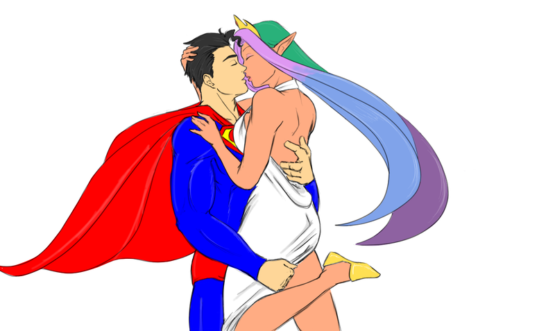 Size: 1440x858 | Tagged: artist:eve-ashgrove, clothes, crack shipping, crossover, crossover shipping, derpibooru import, dress, elf, elf ears, female, human, humanized, imminent kissing, kissing, male, princess celestia, safe, shipping, straight, supelestia, superman, the crack otp to end all crack otps