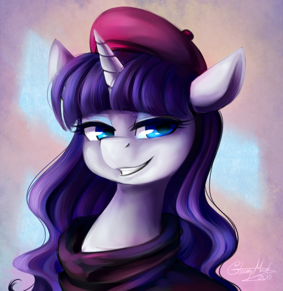 Size: 750x770 | Tagged: safe, artist:its-gloomy, derpibooru import, rarity, pony, unicorn, beatnik rarity, bust, clothes, female, hat, mare, portrait, smiling, solo