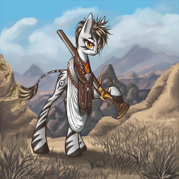 Size: 724x724 | Tagged: safe, artist:asimos, derpibooru import, oc, unofficial characters only, zebra, gun, natives, rifle, solo, weapon