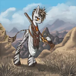 Size: 724x724 | Tagged: safe, artist:asimos, derpibooru import, oc, unofficial characters only, zebra, gun, natives, rifle, solo, weapon