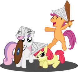 Size: 1024x949 | Tagged: apple bloom, artist:nightoneverest, cutie mark crusaders, derpibooru import, hat, larp, paper hat, safe, scootaloo, shield, simple background, sweetie belle, sword, transparent background, vector, weapon, wooden sword