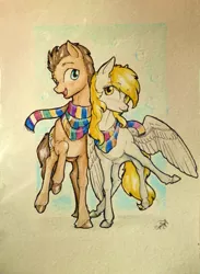 Size: 2841x3884 | Tagged: safe, artist:alicjaspring, derpibooru import, derpy hooves, doctor whooves, time turner, pegasus, pony, blushing, clothes, doctorderpy, female, male, mare, scarf, shipping, straight, tongue out, traditional art