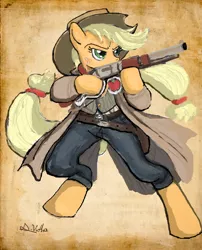 Size: 1700x2102 | Tagged: anthro, applejack, artist:thelivingshadow, clothes, derpibooru import, gun, holster, lever action rifle, rifle, safe, solo, unguligrade anthro, weapon, winchester 1873