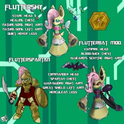 Size: 800x800 | Tagged: safe, artist:sanyo2100, derpibooru import, fluttershy, bat, bat pony, parasprite, pony, robot, crossover, flutterbat, medabots, race swap, spartan, video game, weapon