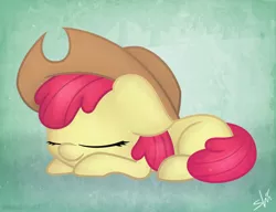 Size: 3000x2300 | Tagged: safe, artist:shinodage, derpibooru import, apple bloom, accessory swap, adorabloom, cowboy hat, cute, hat, sleeping, solo, stetson