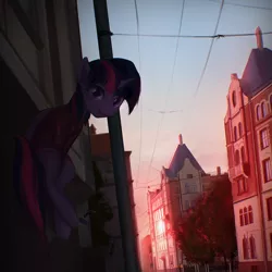 Size: 1200x1200 | Tagged: dead source, safe, artist:exeini, derpibooru import, twilight sparkle, twilight sparkle (alicorn), alicorn, pony, chromatic aberration, city, clothes, cute, female, looking at you, mare, moscow, power line, scenery, scenery porn, sitting, solo, town, twiabetes, wires