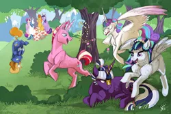 Size: 2734x1823 | Tagged: safe, artist:vindhov, derpibooru import, princess cadance, princess flurry heart, shining armor, sunburst, twilight sparkle, twilight sparkle (alicorn), oc, oc:inkwell, oc:marigold twinkle, oc:nacre shell, oc:riposte, alicorn, earth pony, pegasus, pony, unicorn, cousins, fake horn, family, female, flurry heart is not amused, half-siblings, jewelry, magic, male, mare, necklace, offspring, older, parent:flash sentry, parent:princess cadance, parent:shining armor, parent:sunburst, parent:twilight sparkle, parents:flashlight, parents:shiningcadance, parents:twiburst, pearl, pearl necklace, picnic, shipping, snip (coat marking), socks (coat marking), sparkle family, stallion, telekinesis, tree, twiburst