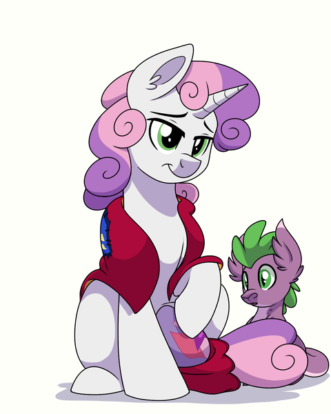 Size: 1200x1500 | Tagged: safe, artist:itstaylor-made, derpibooru import, sweetie belle, oc, oc:hedgewing, dracony, hybrid, cape, clothes, cmc cape, cutie mark, interspecies offspring, next generation, offspring, older, parent:spike, parent:sweetie belle, parents:spikebelle, simple background, story included, the cmc's cutie marks, white background