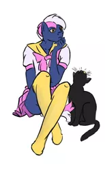 Size: 630x1024 | Tagged: anthro, artist:niv, cat, clothes, crossdressing, derpibooru import, femboy, male, oc, oc:niv, pleated skirt, redraw, sitting, skirt, socks, solo, suggestive, thigh highs, unguligrade anthro, unofficial characters only, zettai ryouiki