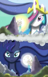 Size: 1024x1638 | Tagged: safe, artist:theroyalprincesses, derpibooru import, princess celestia, princess luna, alicorn, pony, canterlot, cloud, day, duo, female, full moon, hair over one eye, looking at you, mare, moon, night, royal sisters, split screen, sun