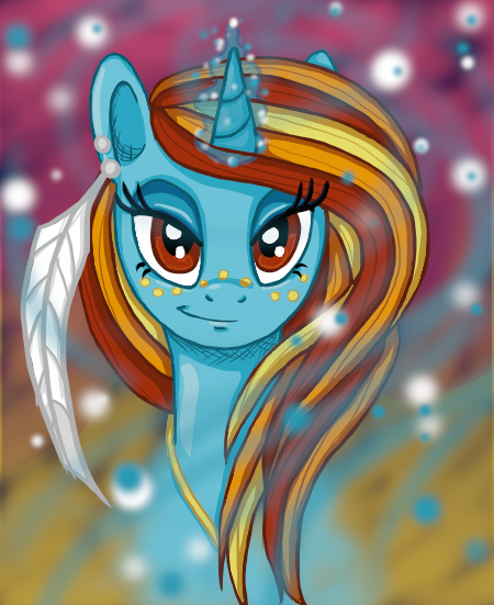 Size: 450x551 | Tagged: safe, artist:angelicmodivation, derpibooru import, oc, oc:simplicity, unofficial characters only, pony, unicorn, feather, full face view, magic, portrait, solo