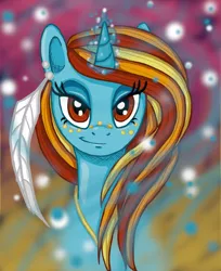 Size: 450x551 | Tagged: safe, artist:angelicmodivation, derpibooru import, oc, oc:simplicity, unofficial characters only, pony, unicorn, feather, full face view, magic, portrait, solo