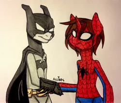 Size: 2629x2227 | Tagged: artist:ameliacostanza, batman, bruce wayne, clothes, costume, crossover, dc comics, derpibooru import, duo, hoofshake, marvel, peter parker, ponified, safe, spider-man, superhero, traditional art