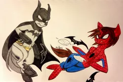 Size: 3120x2083 | Tagged: artist:ameliacostanza, batarang, batman, bruce wayne, clothes, costume, crossover, dc comics, derpibooru import, fight, marvel, peter parker, ponified, safe, spider-man, superhero, traditional art