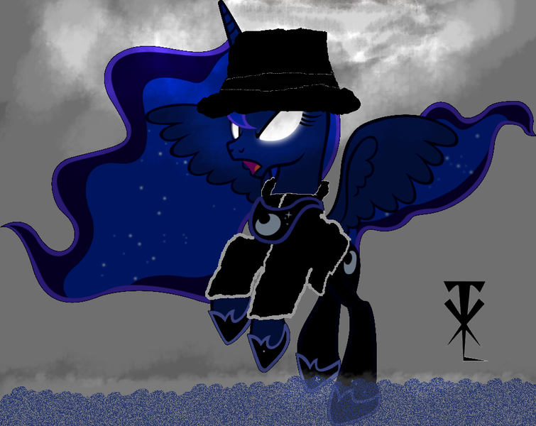 Size: 1003x797 | Tagged: safe, artist:skulluigi, derpibooru import, princess luna, alicorn, pony, crossover, glowing eyes, hat, parody, solo, the undertaker, undertaker, wrestling, wwe