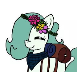 Size: 640x600 | Tagged: safe, artist:ficficponyfic, color edit, derpibooru import, edit, oc, oc:emerald jewel, unofficial characters only, earth pony, pony, colt quest, bag, bandana, color, colored, colt, crown, cute, excited, eyes closed, flower, flower in hair, foal, hair over one eye, happy, hnnng, jewelry, male, regalia, smiling, solo, trap, weapons-grade cute