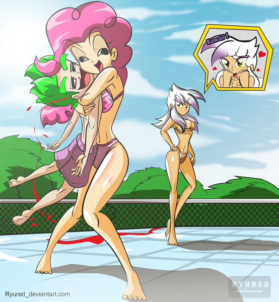 Size: 1851x2003 | Tagged: artist:ryured, barefoot, belly button, bikini, blood, breasts, busty gilda, busty pinkie pie, cleavage, clothes, cute, derpibooru import, eyes closed, feet, female, frown, gilda, glare, hand on hip, heart, human, humanized, human spike, nosebleed, open mouth, pinkie pie, smiling, spike, stupid sexy gilda, suggestive, swimming pool, swimsuit, topless, underwear