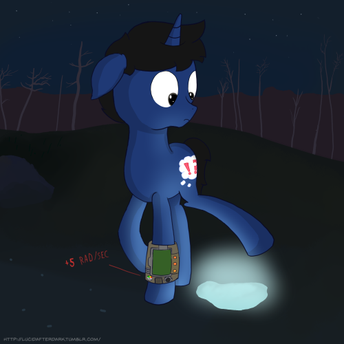 Size: 500x500 | Tagged: safe, artist:triplesevens, derpibooru import, oc, oc:lucid dream, unofficial characters only, pony, unicorn, fallout equestria, confused, implied pissing, lifted leg, male, pipbuck, radioactive, urine