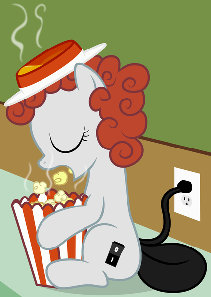 Size: 2549x3584 | Tagged: safe, artist:badumsquish, derpibooru import, oc, ponified, unofficial characters only, object pony, original species, popcorn popper pony, badumsquish strikes again, butter, curly hair, eyes closed, female, food, hat, open mouth, popcorn, popcorn popper, red hair, sitting, smiling, solo, steam, us plug, wall socket, wat
