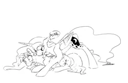 Size: 1280x828 | Tagged: suggestive, artist:silfoe, derpibooru import, princess luna, twilight sparkle, twilight sparkle (alicorn), alicorn, pony, other royal book, royal sketchbook, biting, black and white, dialogue, female, grayscale, lesbian, love bite, mare, mine!, monochrome, neck biting, non-consensual cuddling, on top, one word, possessive, shipping, simple background, speech bubble, surprised, twiluna, white background