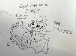 Size: 1280x955 | Tagged: safe, artist:tjpones, derpibooru import, princess ember, dragon, black and white, cute, dialogue, disgusted, emberbetes, grayscale, implied spike, lineart, monochrome, offscreen character, open mouth, question mark, simple background, solo, tongue out, traditional art, white background