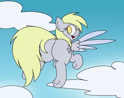 Size: 1324x1053 | Tagged: safe, artist:mr. rottson, deleted from derpibooru, derpibooru import, derpy hooves, pegasus, pony, bubble butt, cloud, dock, female, flying, looking back, mare, open mouth, plot, solo, the ass was fat, underhoof