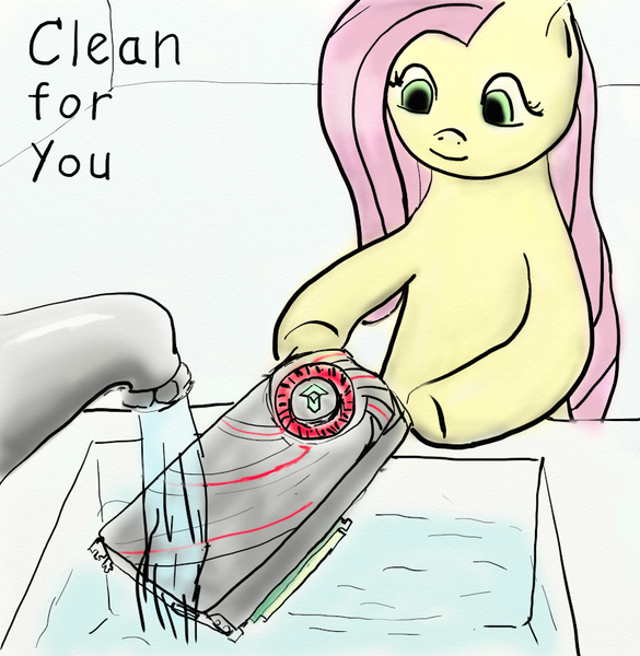 Size: 846x868 | Tagged: safe, artist:trixsun, derpibooru import, fluttershy, pegasus, pony, amd, cleaning, everything is ruined, faucet, female, graphics card, hoof hold, image, mare, png, radeon, sink, smiling, solo, this will end in tears, this will end in tears and/or death, underhoof, video card, washing, wat, water, why, you fool