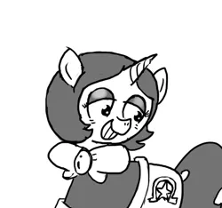 Size: 640x600 | Tagged: safe, artist:ficficponyfic, derpibooru import, oc, oc:joyride, unofficial characters only, pony, unicorn, colt quest, bags under eyes, bowtie, cutie mark, ear piercing, eyeshadow, female, grin, happy, horn, makeup, mantle, mare, monochrome, piercing, smiling, solo focus, story included