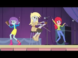 Size: 640x480 | Tagged: safe, derpibooru import, blueberry pie, derpy hooves, raspberry fluff, equestria girls, rainbow rocks, cowbell, musical instrument, musical saw, the muffins, triangle