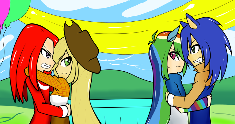 Size: 1320x700 | Tagged: applejack, appleknux, artist:kaiamurosesei, crossover, crossover shipping, derpibooru import, female, hug, human, humanized, interspecies, knuckles the echidna, male, rainbow dash, safe, shipping, sonicdash, sonic the hedgehog, sonic the hedgehog (series), straight