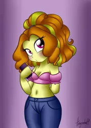 Size: 1000x1400 | Tagged: suggestive, artist:queentigrel, derpibooru import, adagio dazzle, equestria girls, adoragio, belly button, blushing, breasts, cleavage, clothes, cute, female, hips, jeans, midriff, mobile phone, pants, phone, wide hips