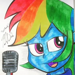 Size: 1600x1600 | Tagged: safe, artist:iamthemanwithglasses, derpibooru import, rainbow dash, equestria girls, microphone, traditional art, watermark