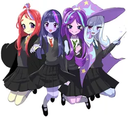 Size: 1200x1100 | Tagged: safe, artist:quizia, derpibooru import, moondancer, starlight glimmer, trixie, twilight sparkle, equestria girls, clothes, counterparts, crossover, equestria girls-ified, gryffindor, harry potter, hogwarts, hufflepuff, looking at you, magic, magical quartet, mary janes, necktie, open mouth, pleated skirt, pony coloring, ravenclaw, shoes, skirt, slytherin, socks, sweater, trixie's cape, trixie's hat, twilight's counterparts, wand