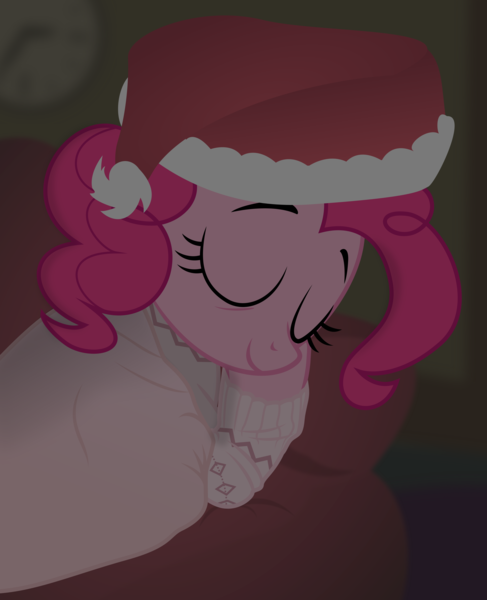 Size: 3000x3695 | Tagged: artist:eagle1division, clothes, couch, derpibooru import, eyes closed, hat, lying down, night, pajamas, pinkie pie, safe, santa hat, sleeping, smiling, solo, sugarcube corner (interior), tired, vector