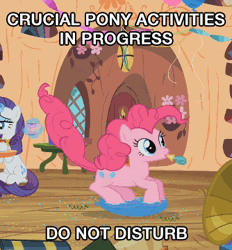 Size: 334x360 | Tagged: safe, derpibooru import, edit, edited screencap, screencap, pinkie pie, rarity, earth pony, pony, unicorn, secret of my excess, animated, balloon, bouncing, cup, cute, do not disturb, female, image macro, jumping, levitation, lidded eyes, magic, mare, meme, party horn, pronking, smiling, solo focus, teacup, telekinesis