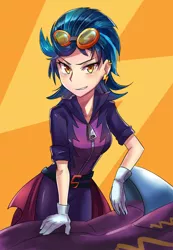 Size: 600x868 | Tagged: safe, artist:tzc, derpibooru import, indigo zap, equestria girls, friendship games, clothes, ear piercing, earring, female, gloves, goggles, jewelry, looking at you, motocross, motorcross outfit, motorcycle, piercing, shadowbolts costume, short hair, smiling, solo, stupid sexy indigo zap