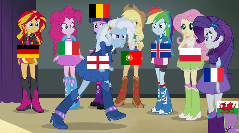 Size: 1280x714 | Tagged: safe, derpibooru import, applejack, fluttershy, pinkie pie, rainbow dash, rarity, spike, sunset shimmer, trixie, twilight sparkle, twilight sparkle (alicorn), dog, equestria girls, rainbow rocks, belgium, england, euro 2016, football, france, germany, humane six, iceland, italy, mane six, meme, metaphor, poland, portugal, spike the dog, wales