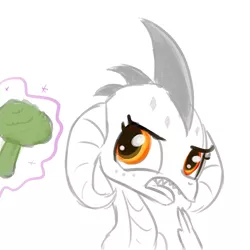 Size: 726x726 | Tagged: safe, artist:tjpones, derpibooru import, princess ember, dragon, broccoli, disgusted, food, offscreen character, simple background, white background